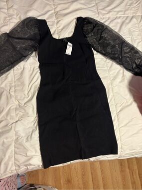 House of Harlow 1960 Black Mini Dress with Sheer Puff Sleeves